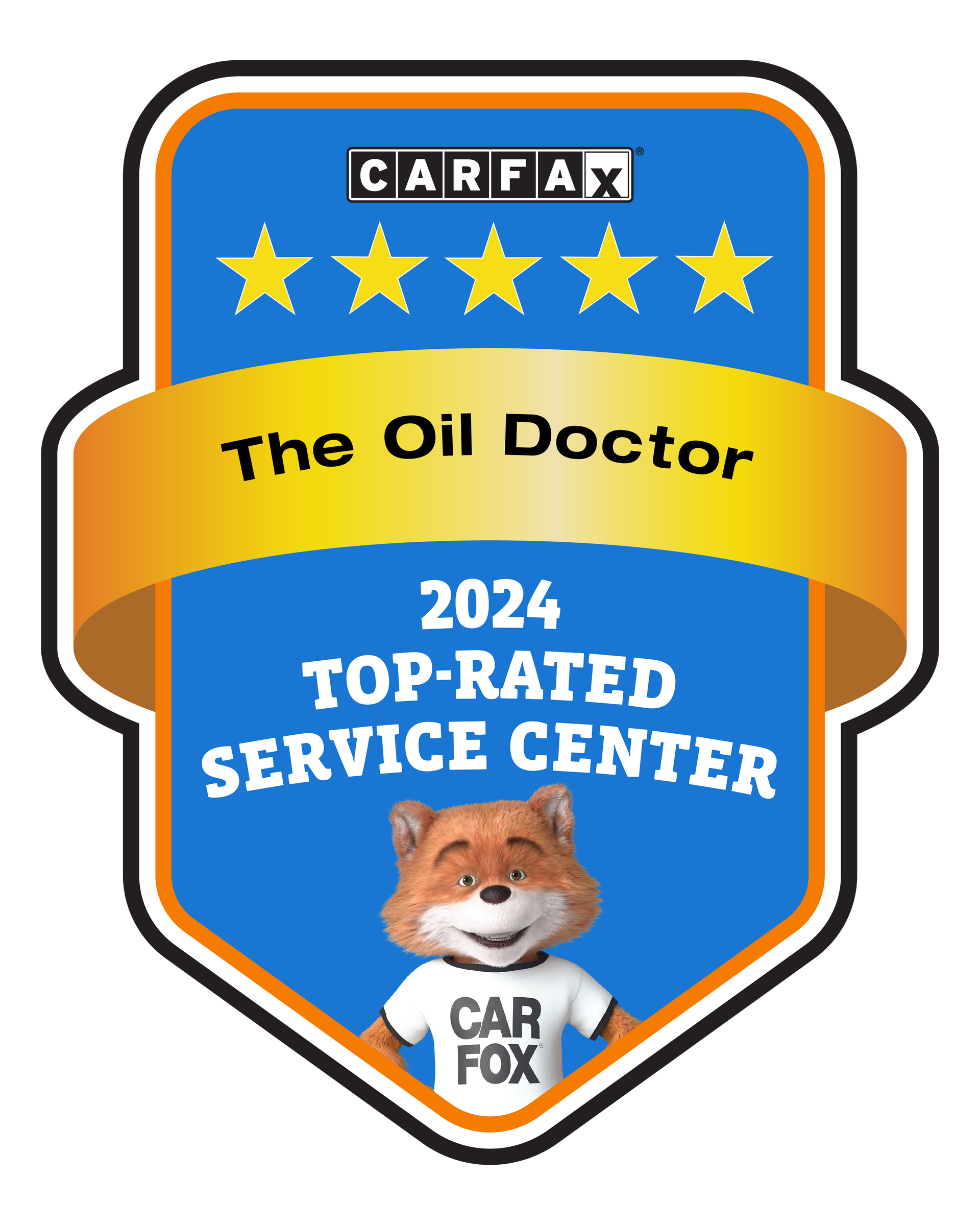 Carfax Top-Rated Service Center badge. Blue, gold, and white design with fox mascot and 5 stars for 
