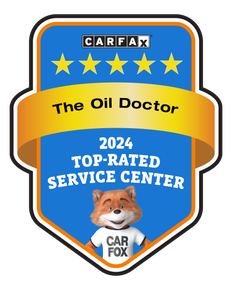 Carfax Top-Rated Service Center badge. Blue, gold, and white design with fox mascot and 5 stars for 
