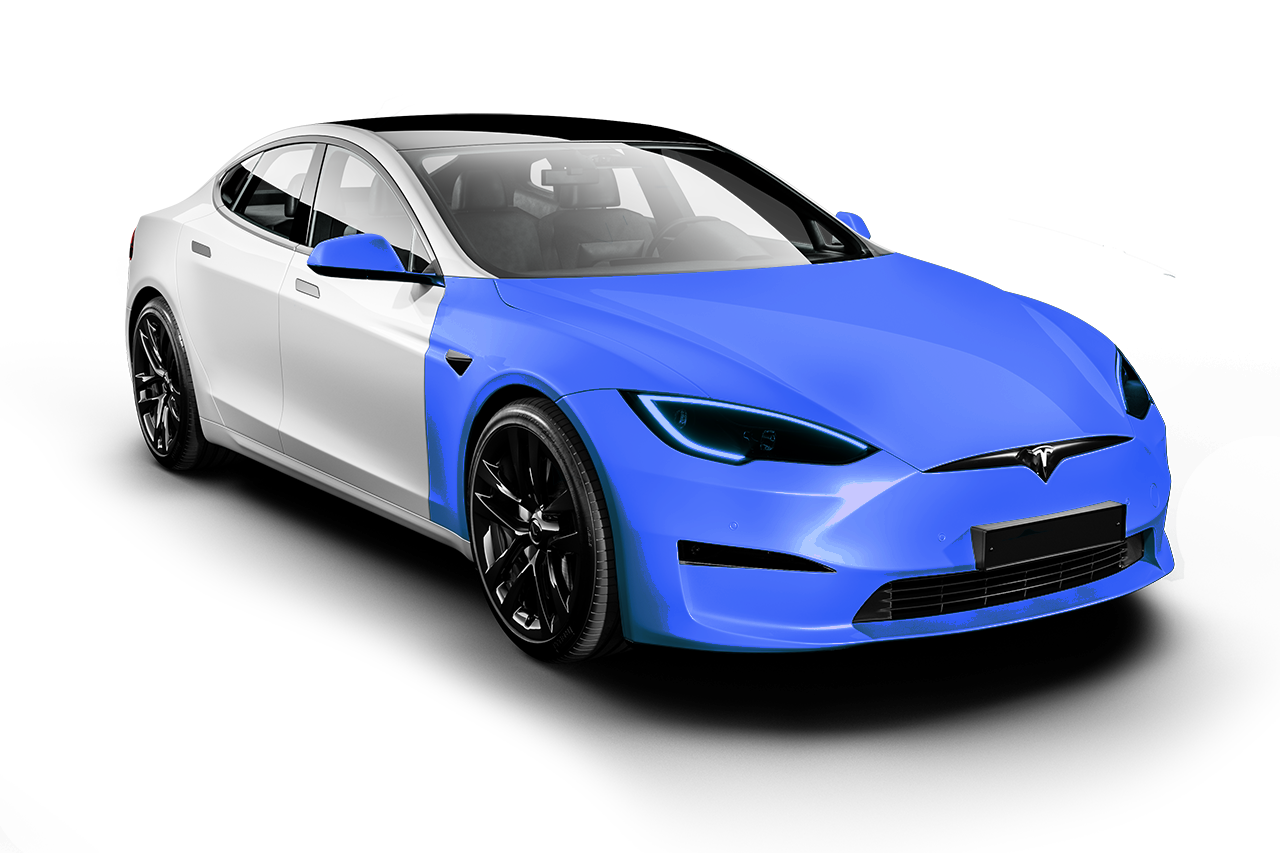 A white and blue tesla model s with a blue hood.