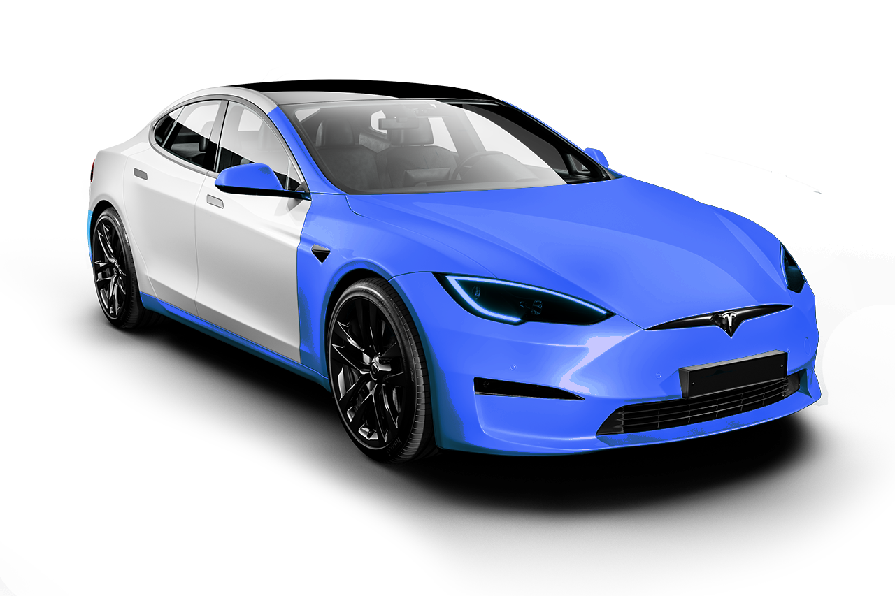 A white and blue tesla model s with a blue wrap on it.
