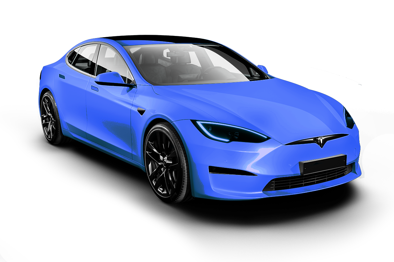 A blue tesla model s is shown on a white background.