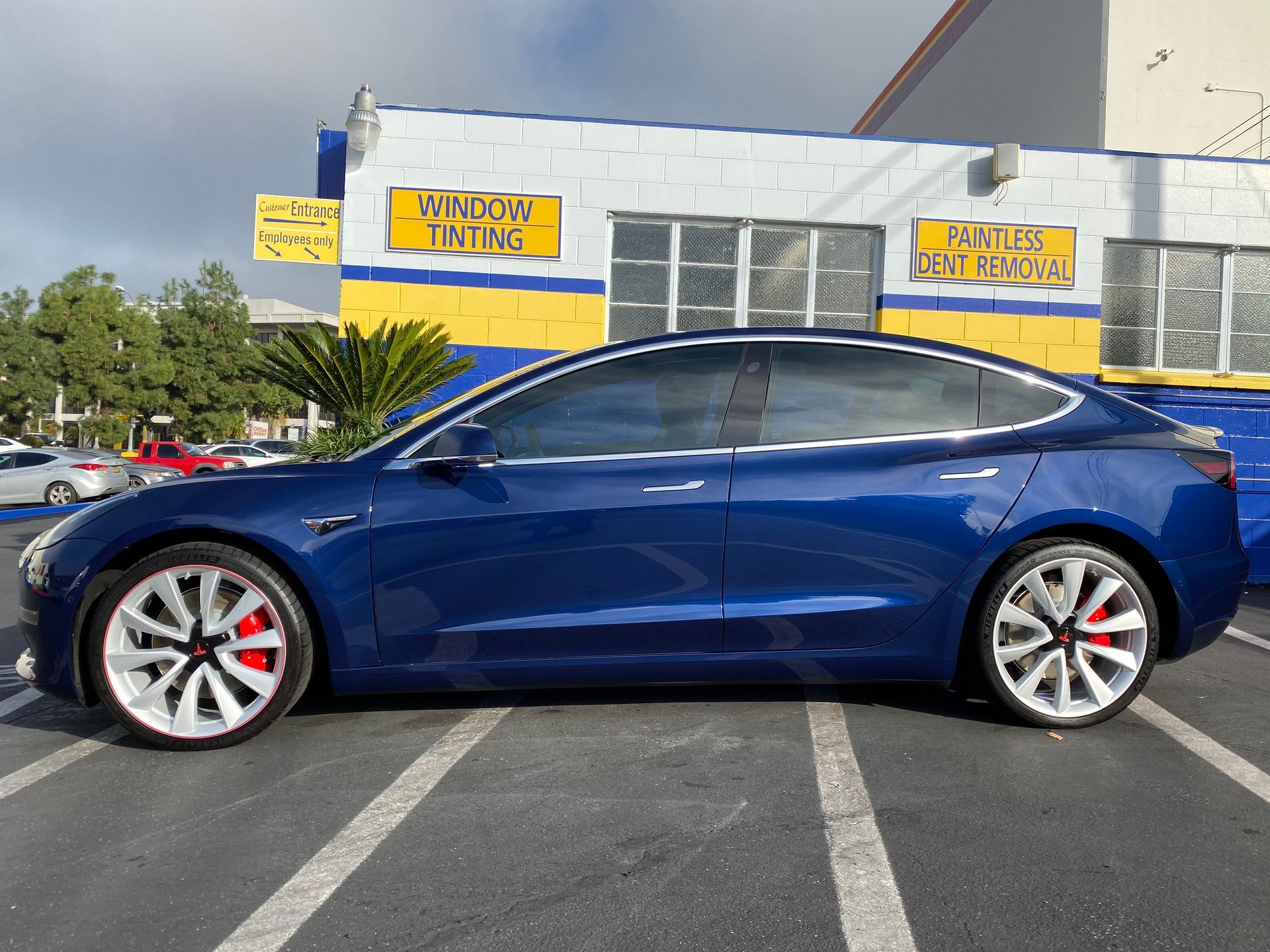 Blue Tesla Model 3 car parked outside a building with window tinting signage.