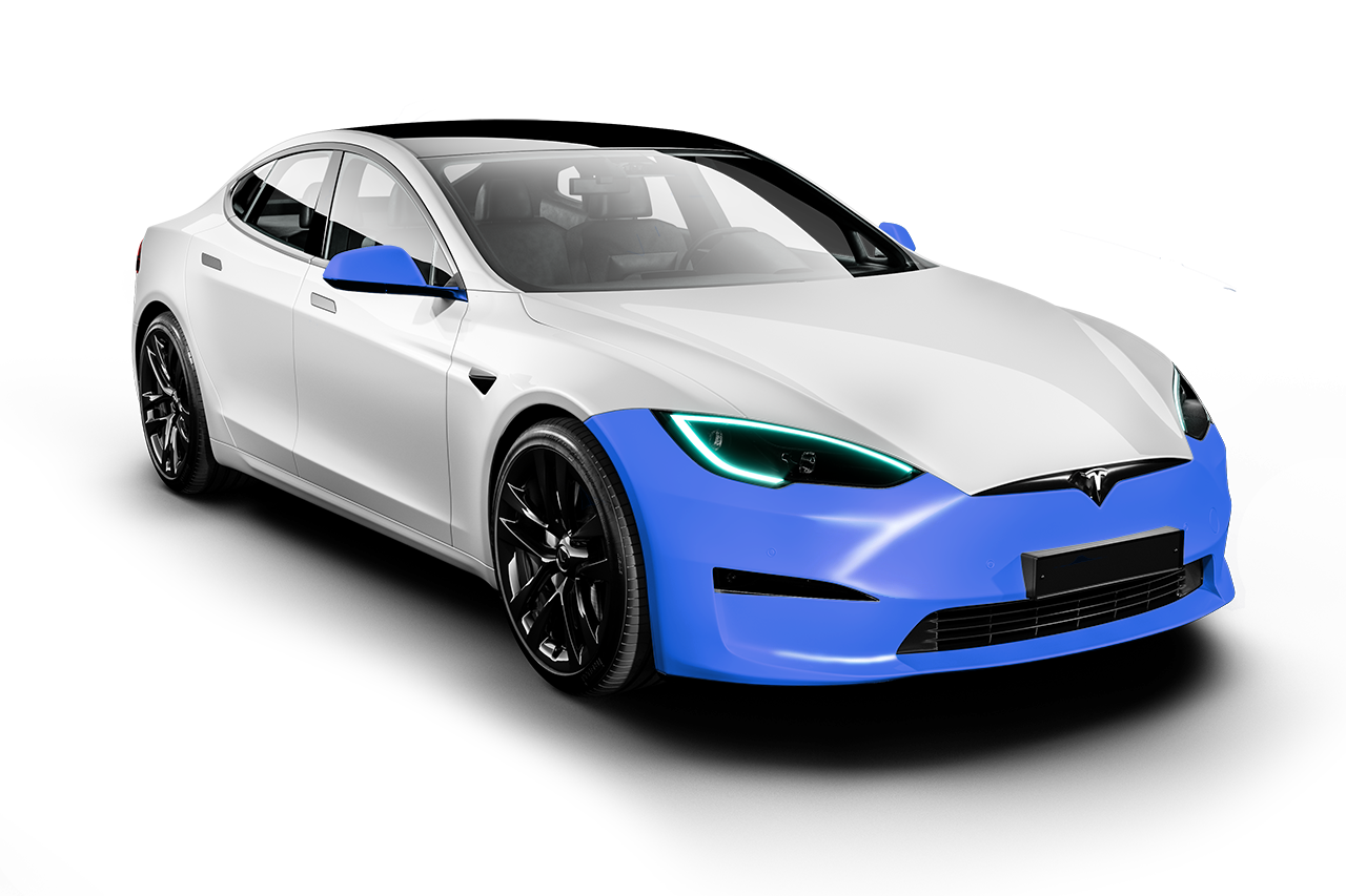 A white tesla model s with a blue bumper on a white background.
