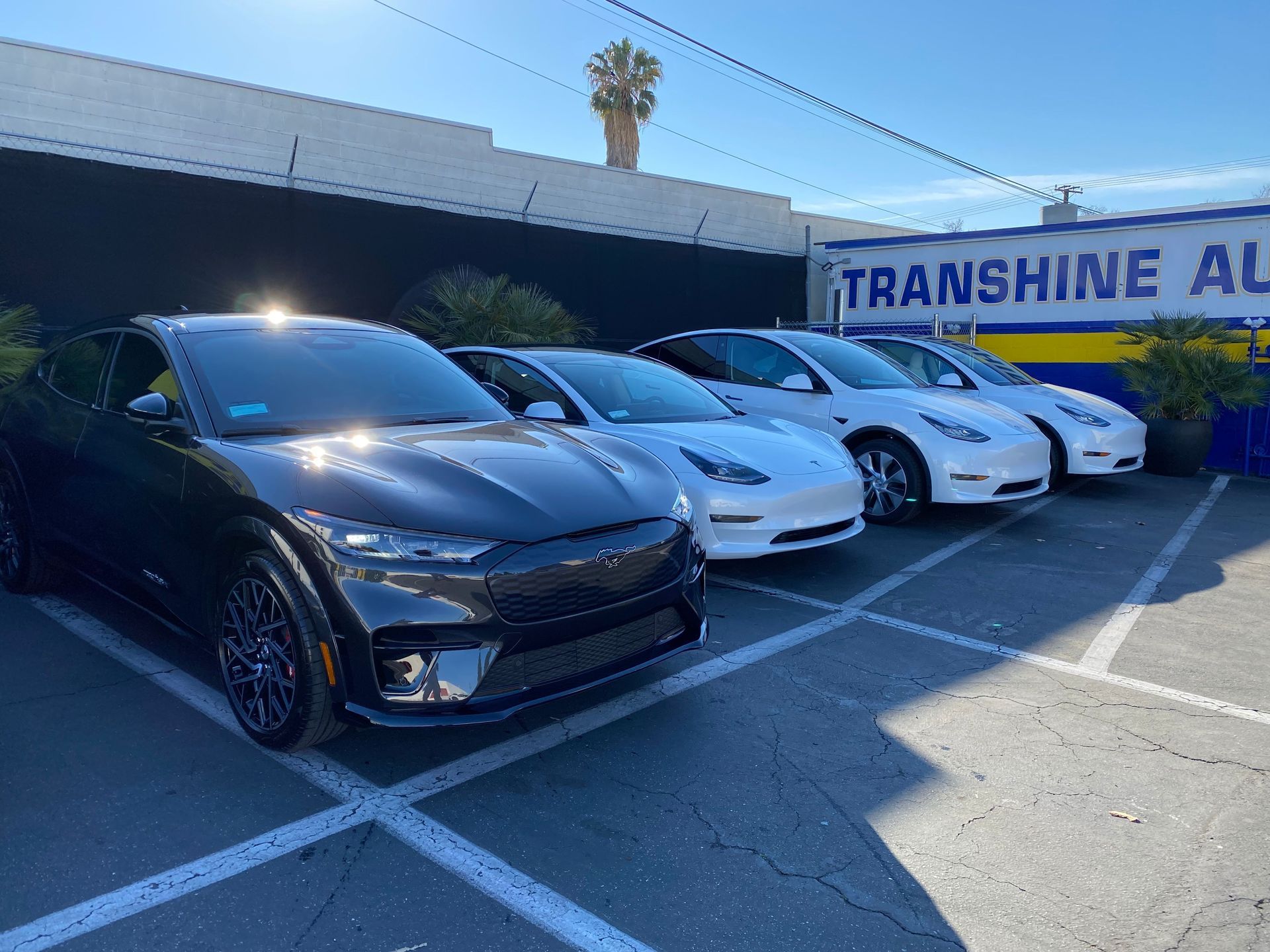 A row of cars are parked in a parking lot in front of a building.