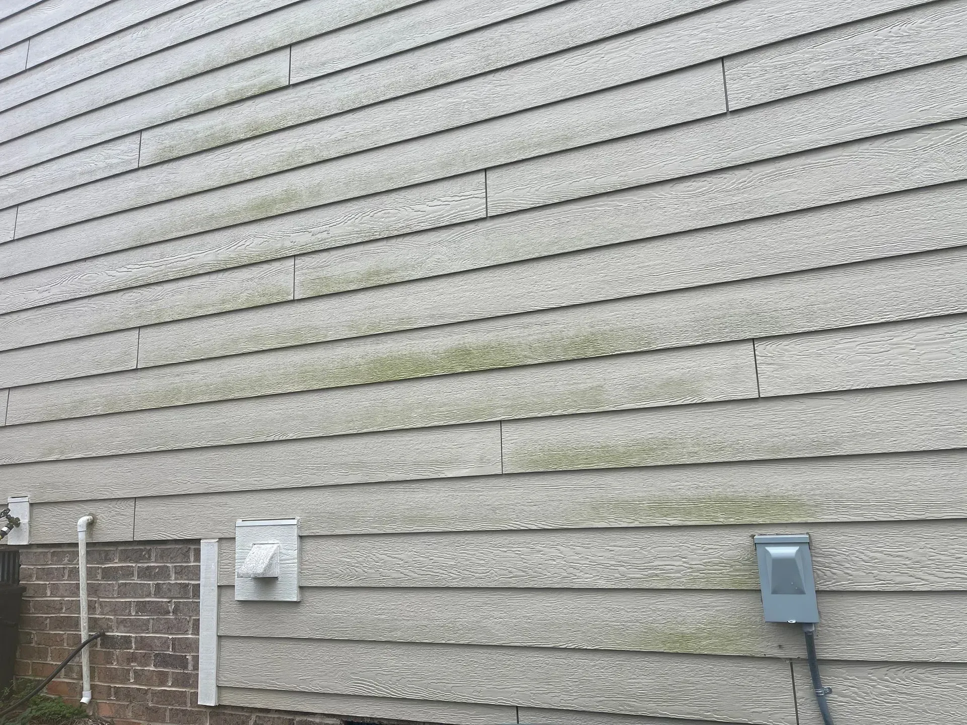 Weathered gray siding on a house, with visible green algae growth, near utility fixtures.