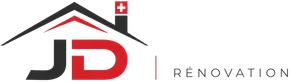 Logo JD Renovation avec icône de toit noir et rouge et accent du drapeau suisse