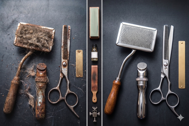 Side-by-side before-and-after tools: rusty old hammer, scissors, and bottle opener beside clean restored versions.