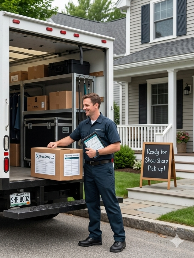 Mover unloading boxes from a truck at a house with a “Ready for moving” sign.
