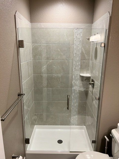 A bathroom with a walk in shower and a toilet.