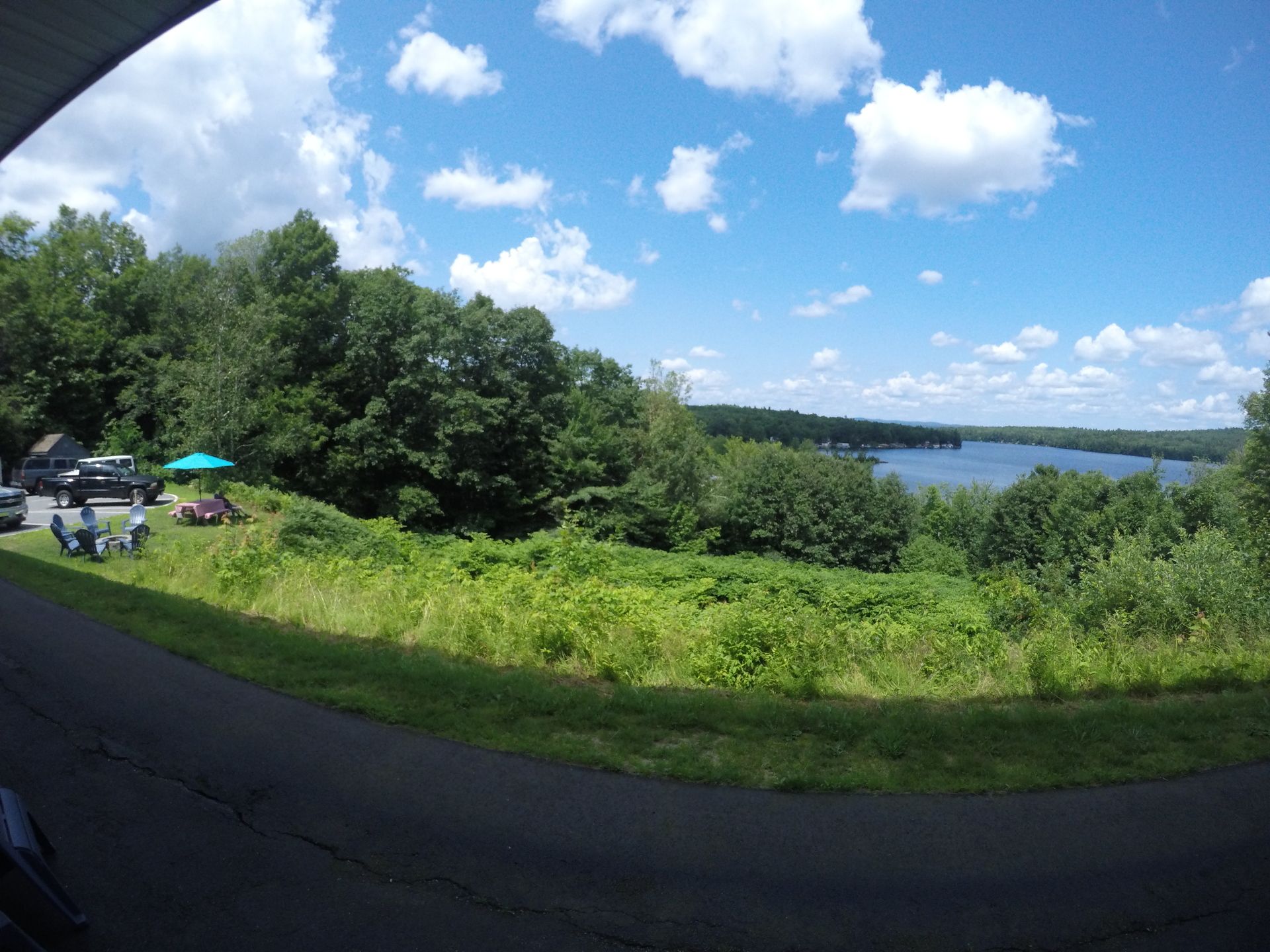 Overlooking a lake on a sunny day with a blue sky. Green foliage, trees, and a paved road are in the foreground.