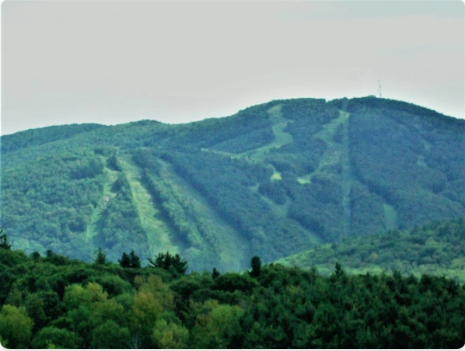 Green Mount Sunapee with visible ski slopes cut through trees; overcast sky.