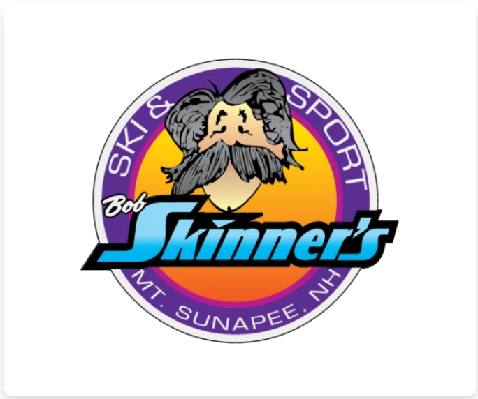 Bob Skinner's Ski & Sport logo. A cartoon face with a large mustache and grey hair is in the center, with text around it.