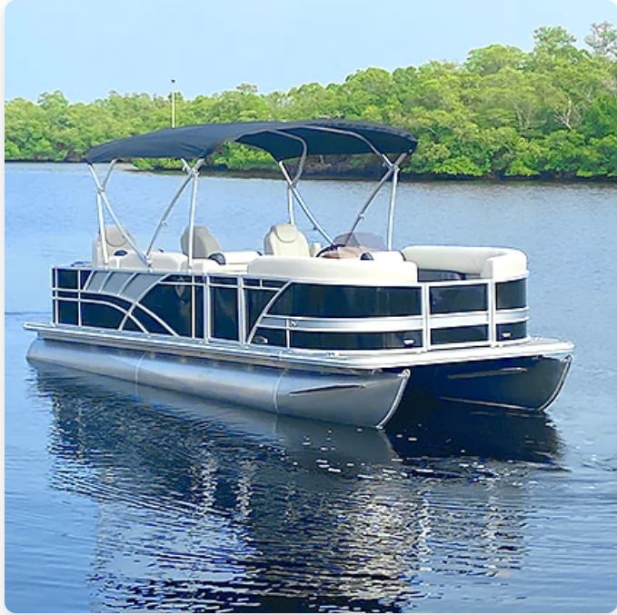 Pontoon boat on calm water with a black canopy and white seating. The setting includes trees in the background.