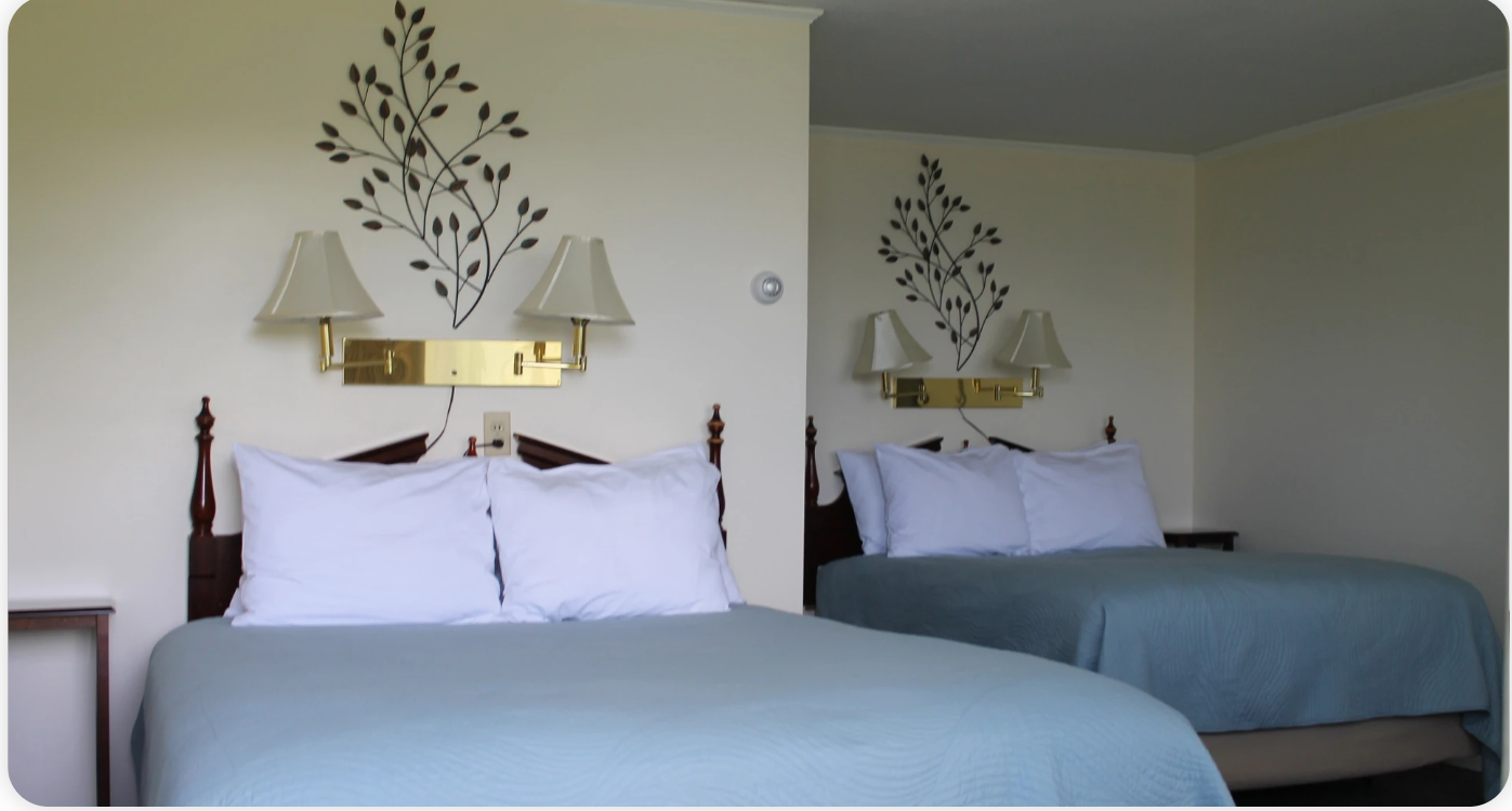 A motel room with two double beds, cream walls, and decorative leafy branches.