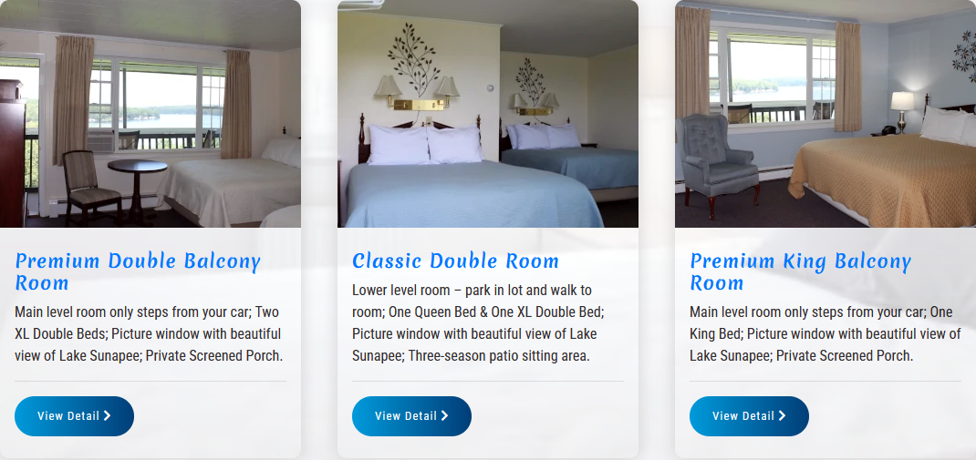 Hotel room options: Premium Double Balcony Room, Classic Double Room, Premium King Balcony Room. Each with a room photo and 