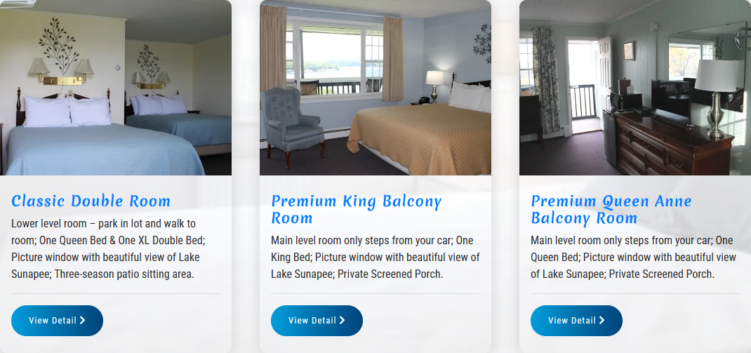Three hotel room options: classic double room, premium top balcony room, and premium shore view balcony room.