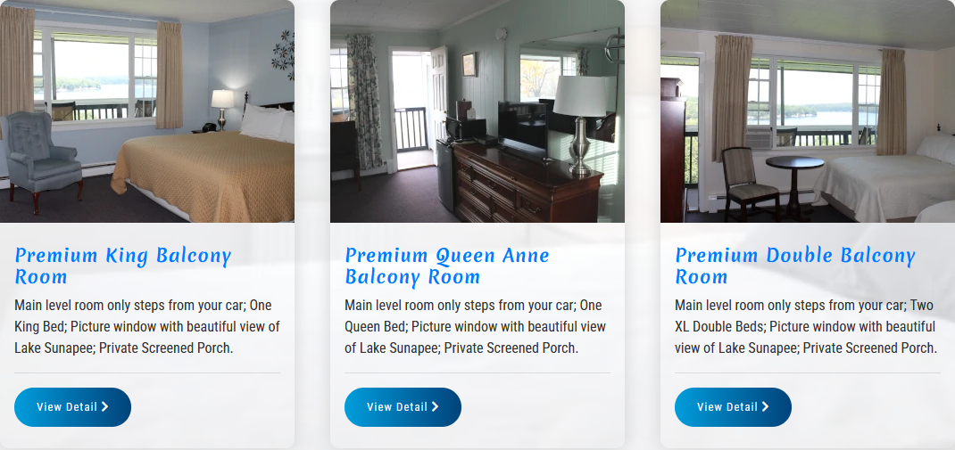 Hotel room options: Premium King Balcony, Premium Queen Anne Balcony, and Premium Double Balcony rooms.