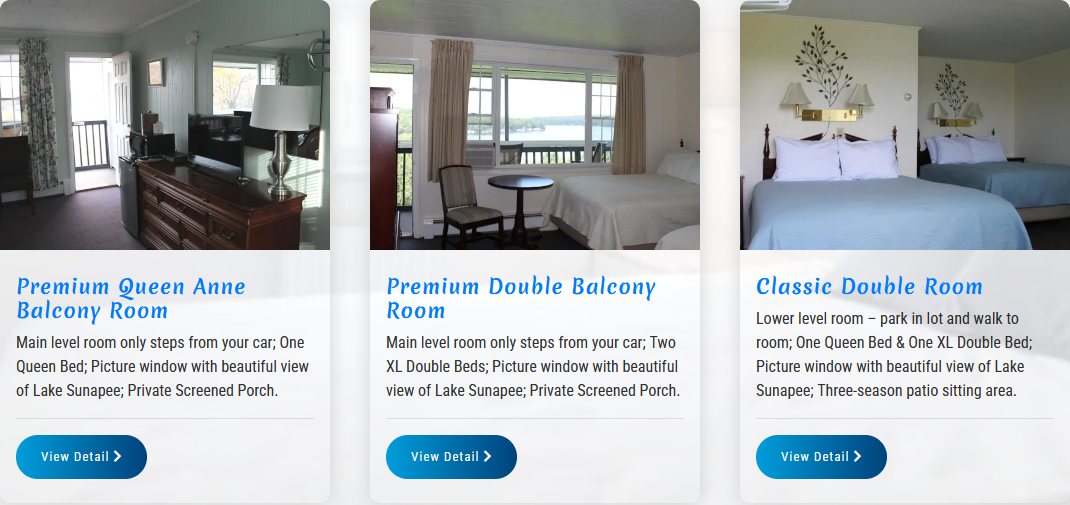 Three hotel room images with descriptions and 