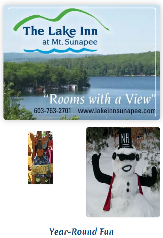 Advertisement for The Lake Inn at Mt. Sunapee, showing lake view, phone/website, and photos of year-round activities: a market and a snowman.