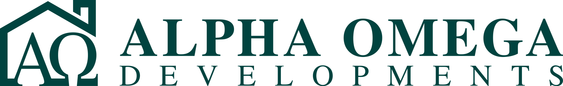 Logo for Alpha Omega Developments, with a house symbol. Green text on a white background.