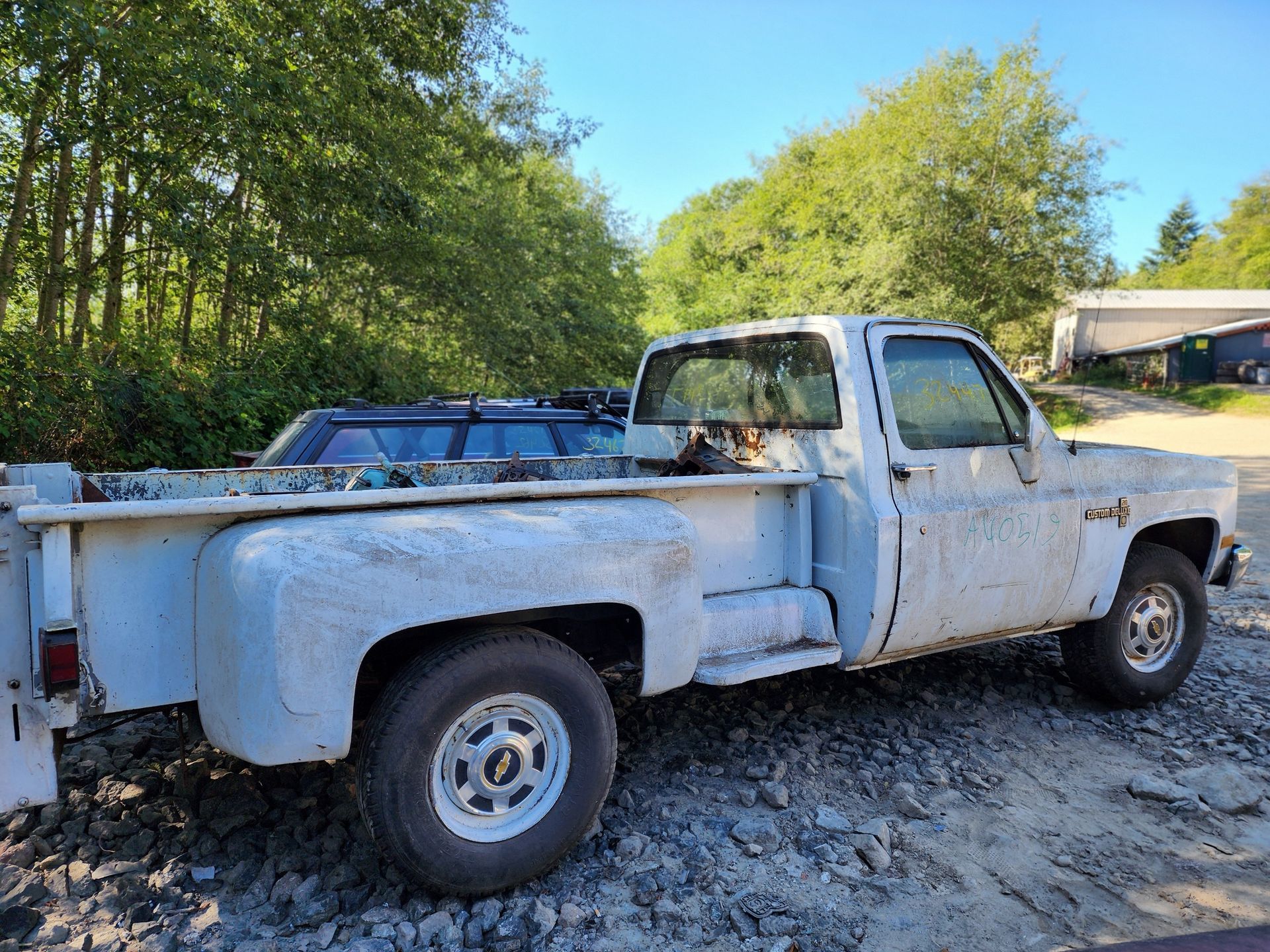 White pickup truck parked outdoors, weathered paint, rural setting.