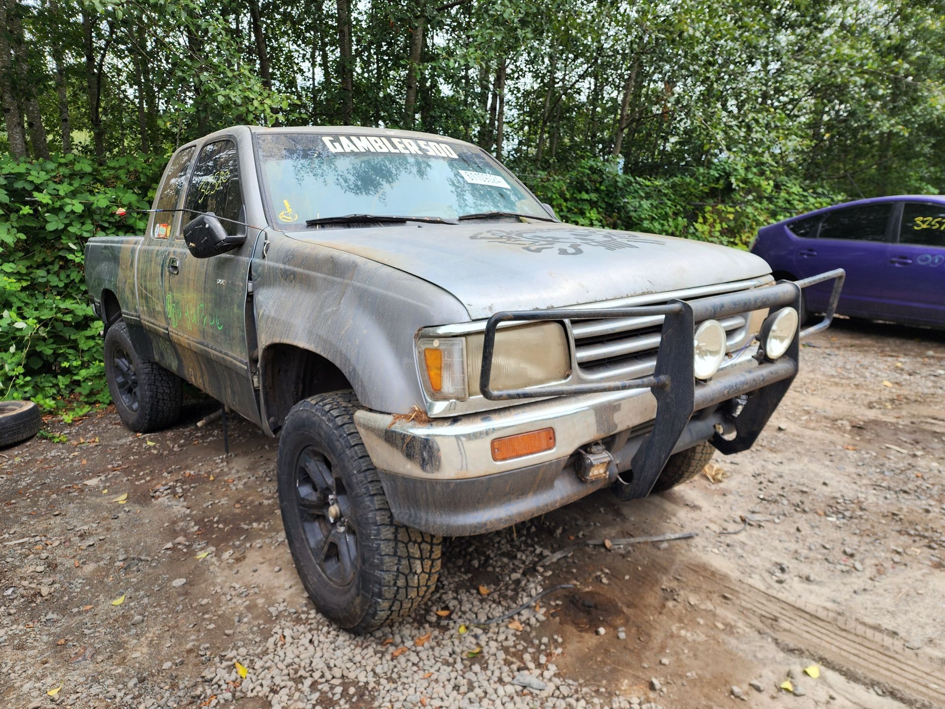 Gray Toyota pickup truck with black wheels and a brush guard, parked outdoors.
