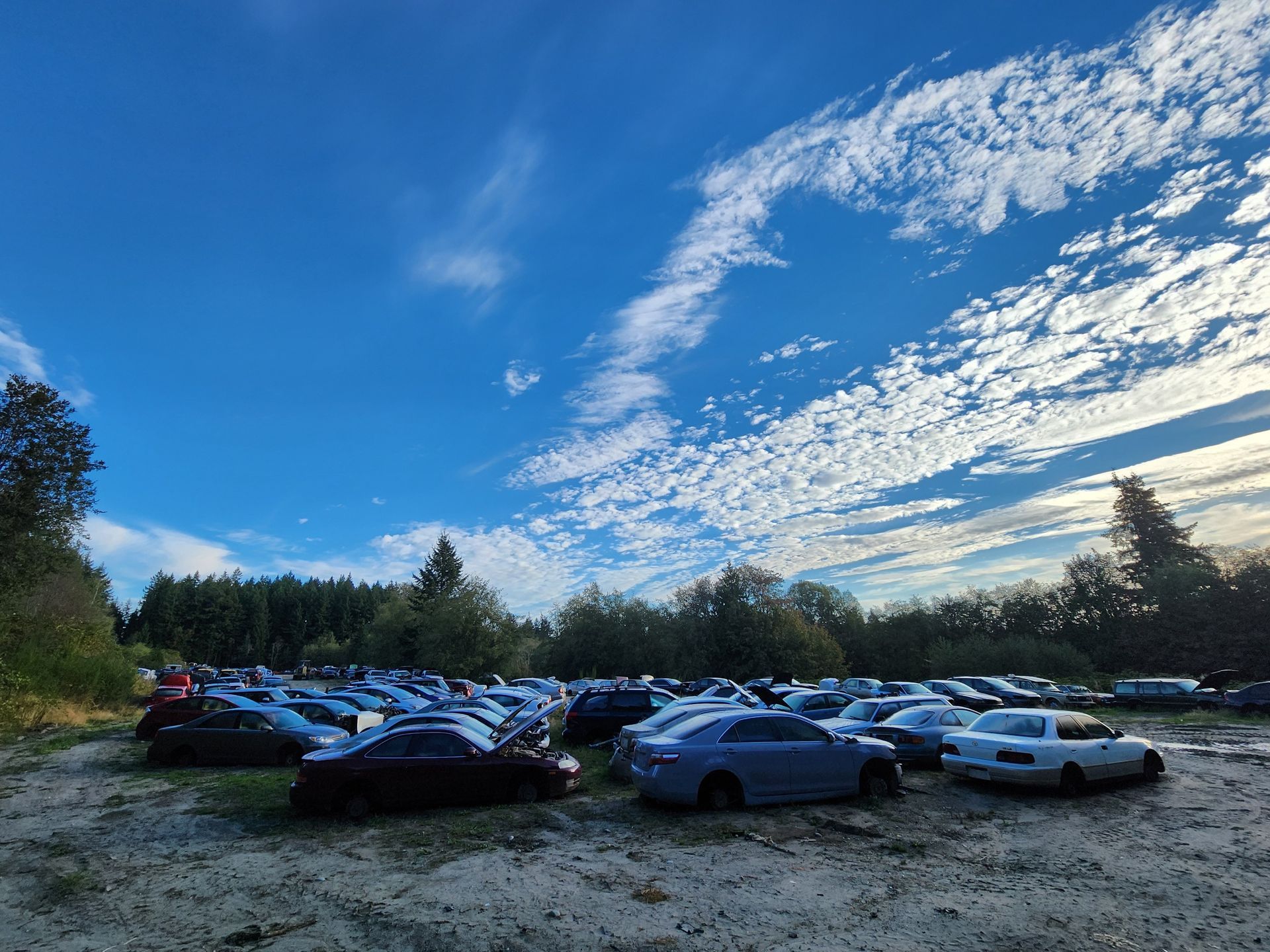 Cars parked in a dirt lot under a blue sky with streaky white clouds and trees.