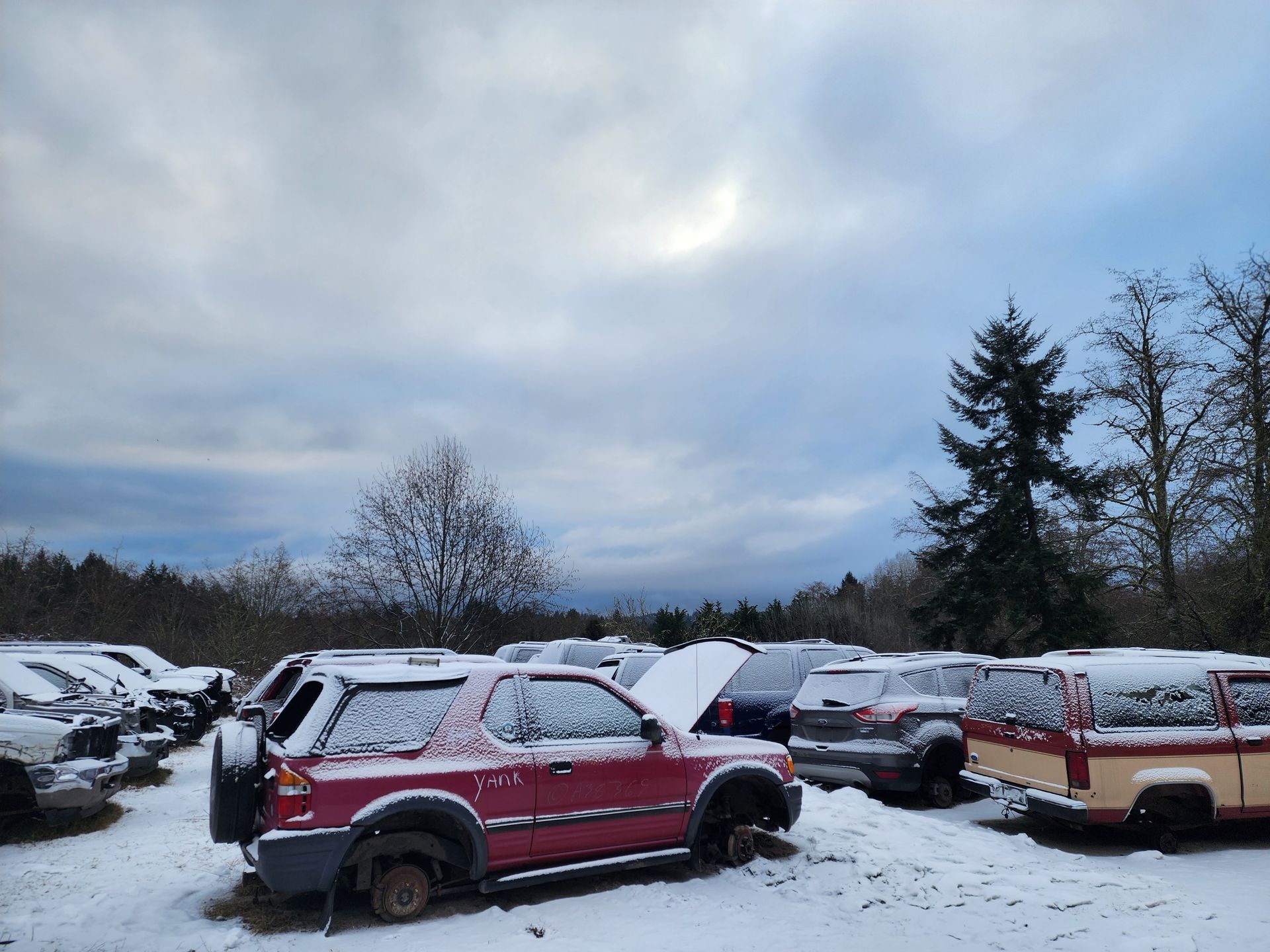 Snowy junkyard with a red car missing wheels; overcast sky above.