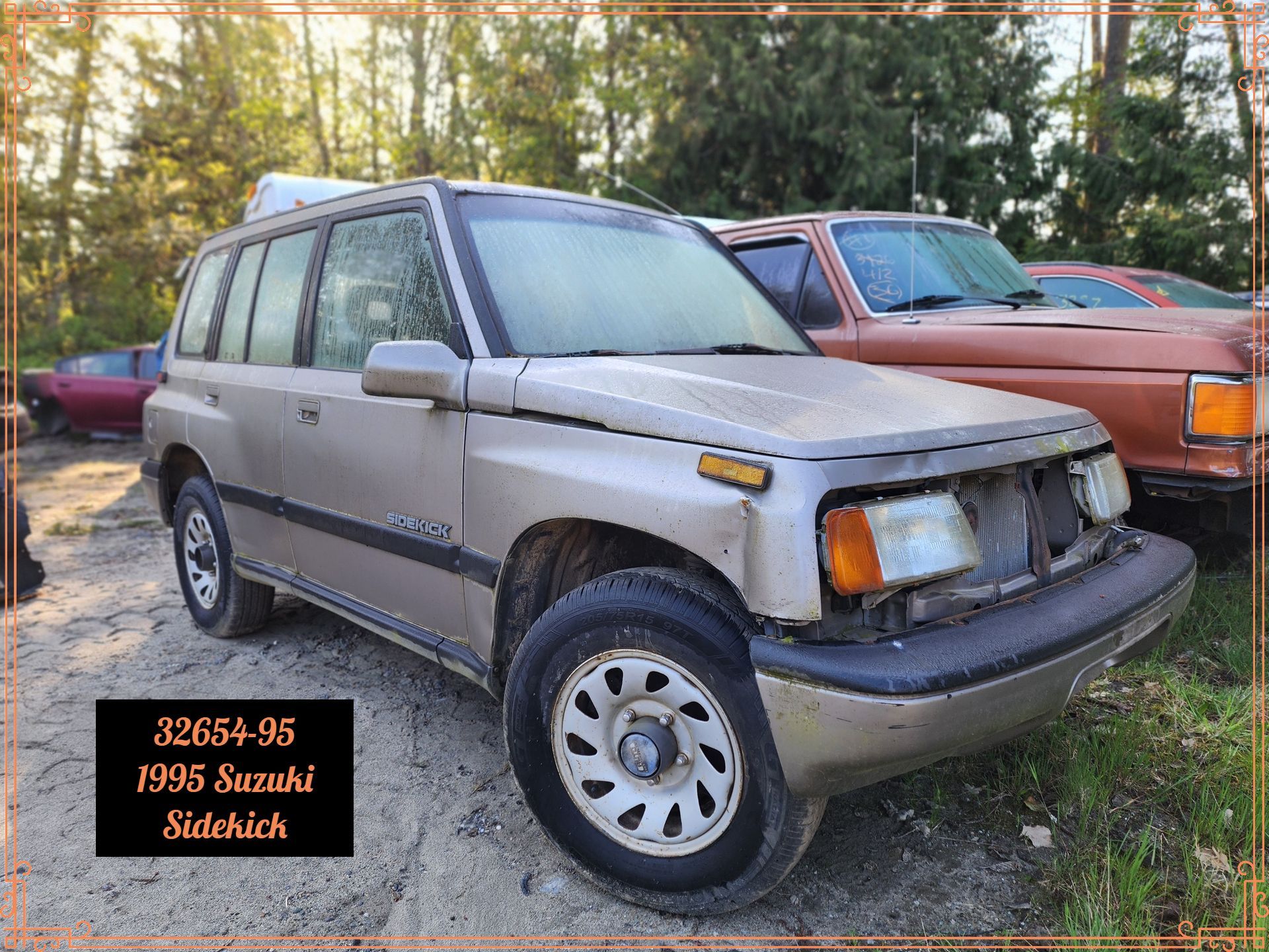 1995 Suzuki Sidekick SUV, tan with missing front components, parked outdoors in a junkyard.