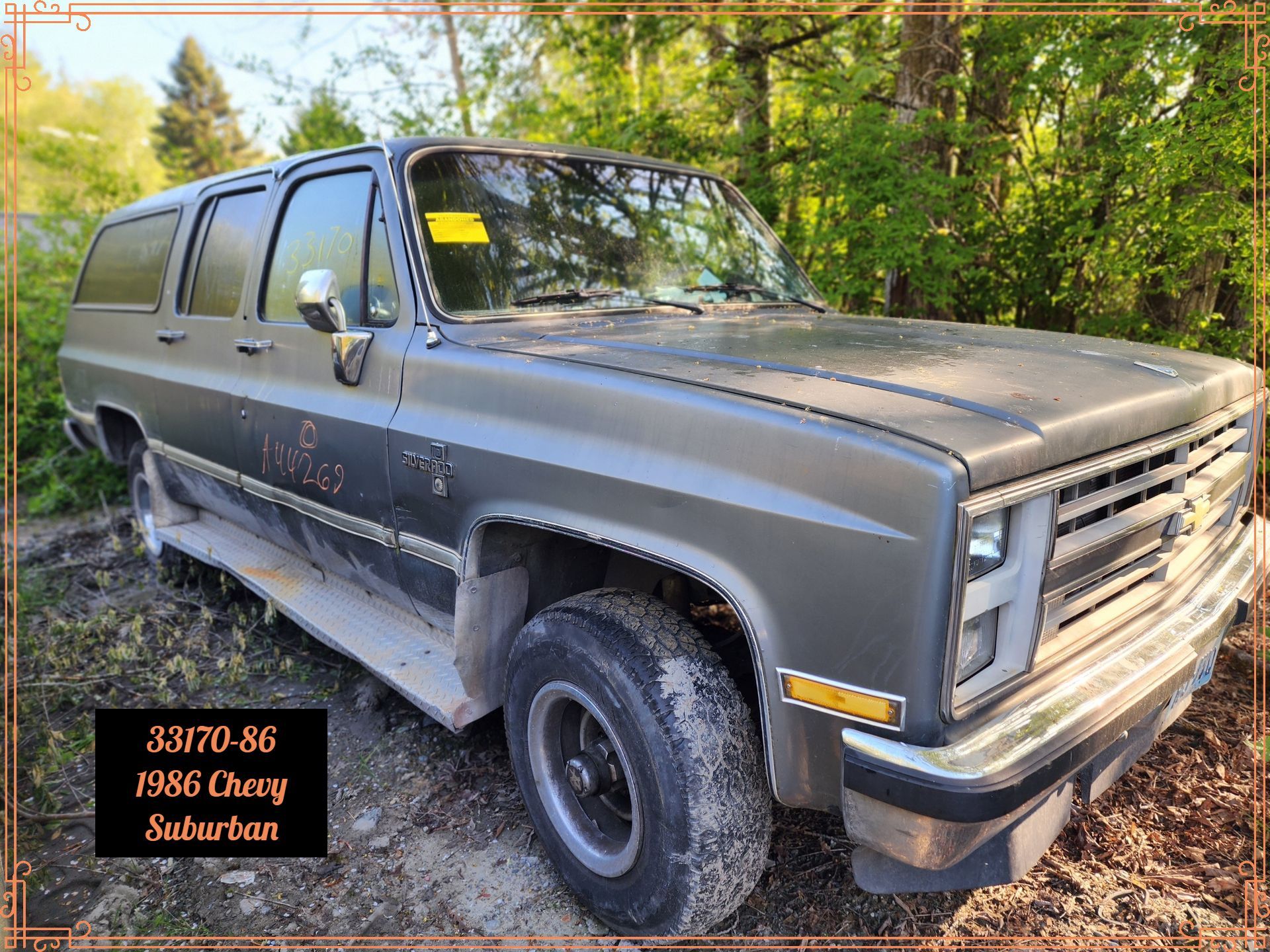 1986 Chevy Suburban, gray, parked outdoors, dirty tires, some damage, with foliage in the background.