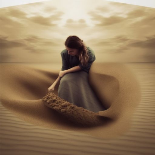 a woman looking down stuck in shifting sands struggling the get out.