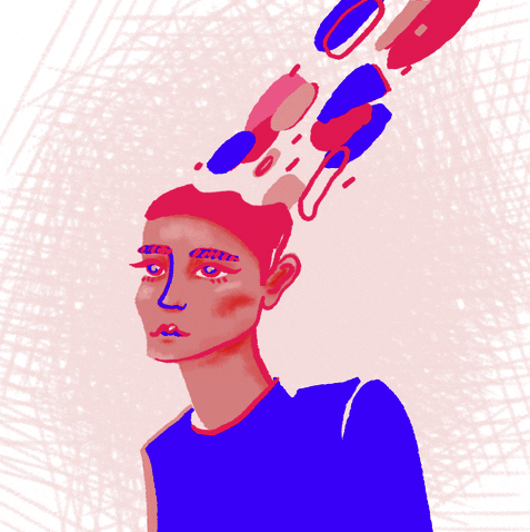 a person with abstract figures coming out of his mind