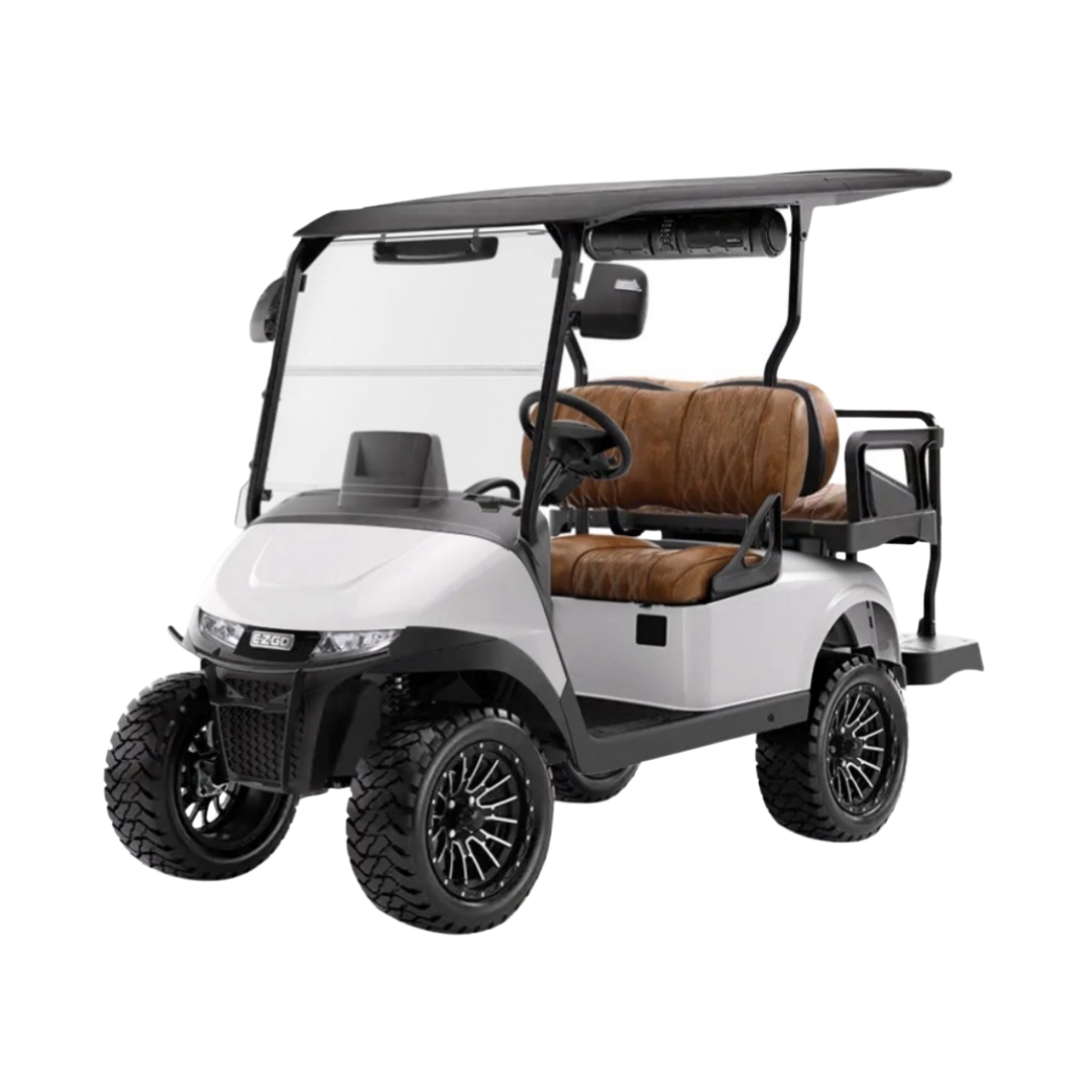 A white lifted golf cart with black trim, a black roof, and brown quilted seats against a plain white background.