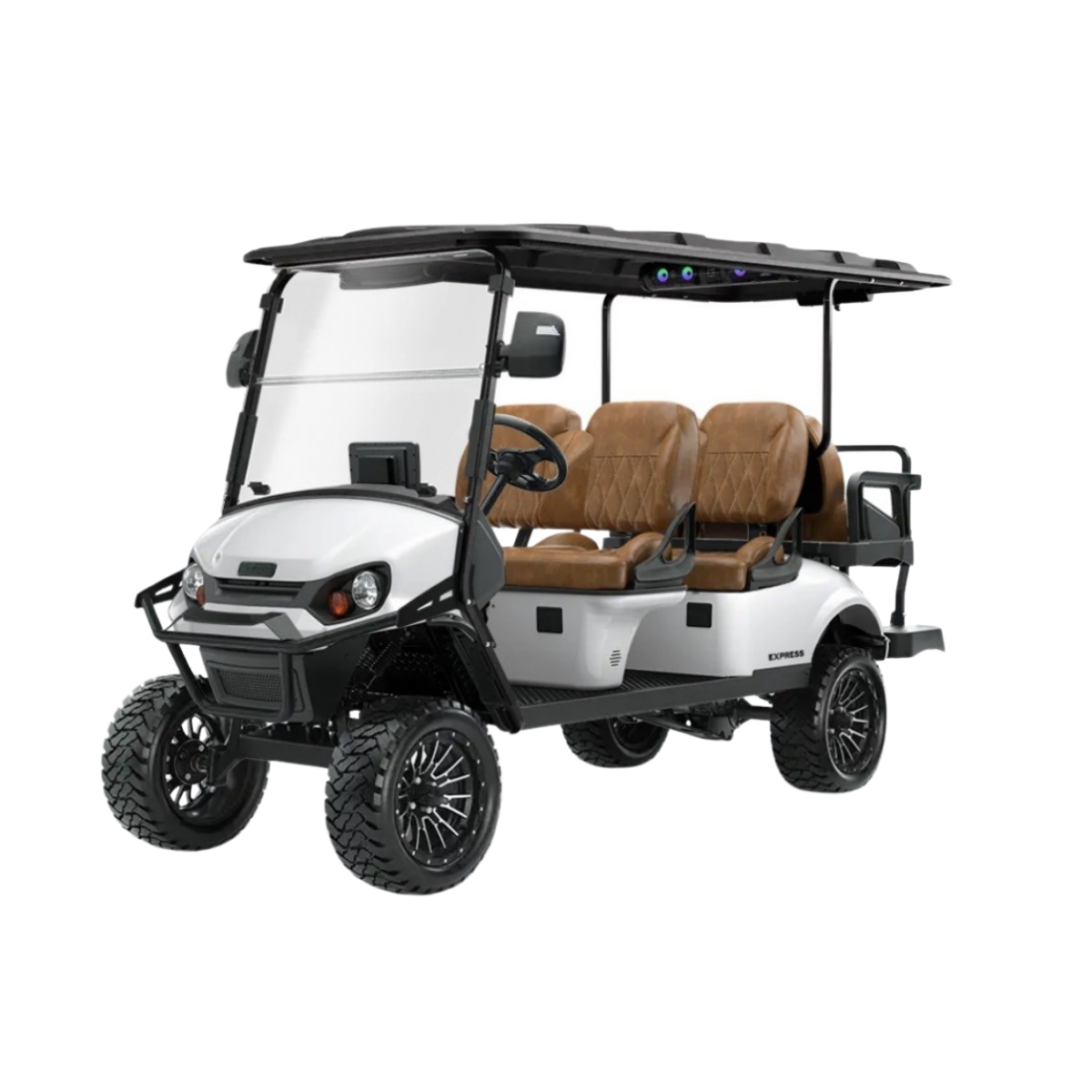 A white, four-passenger golf cart with brown quilted seats, a black roof, and off-road tires, set against a white background.
