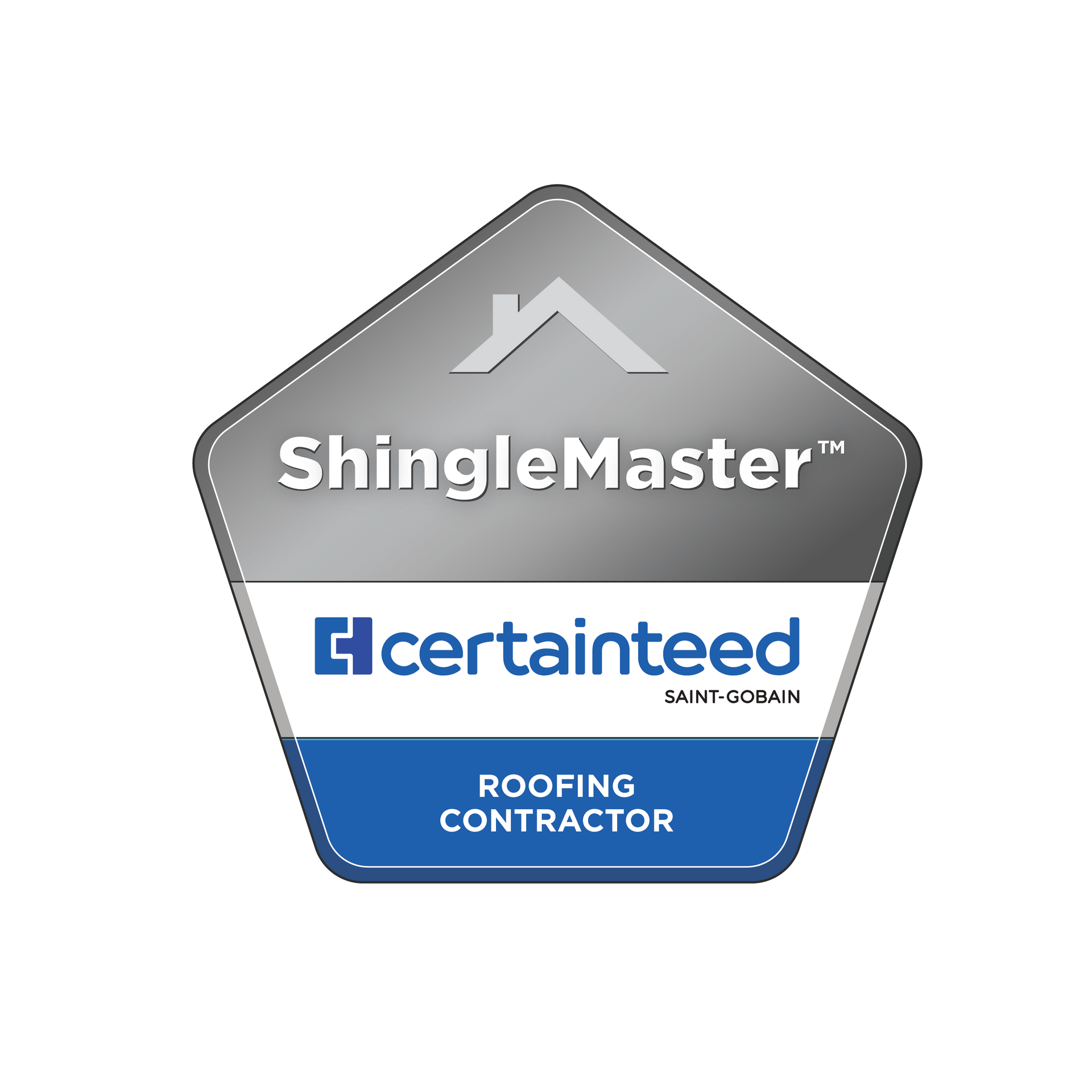 A shingle master roofing contractor badge on a white background.