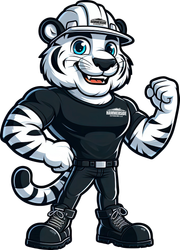 A black and white drawing of a tiger wearing a hard hat and boots.