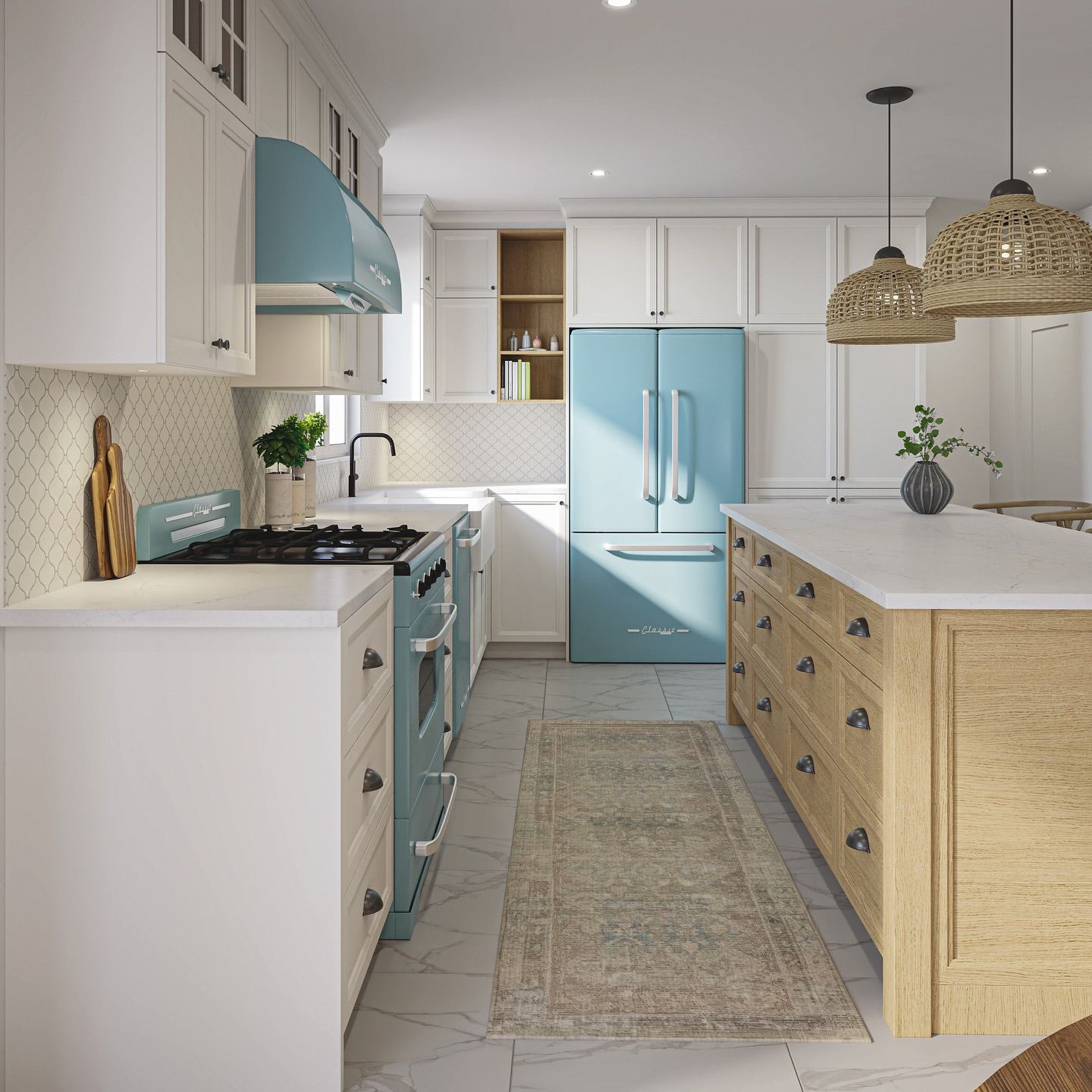Une cuisine lumineuse avec des armoires blanches, des appareils électroménagers bleus, un îlot et des luminaires suspendus tissés.
