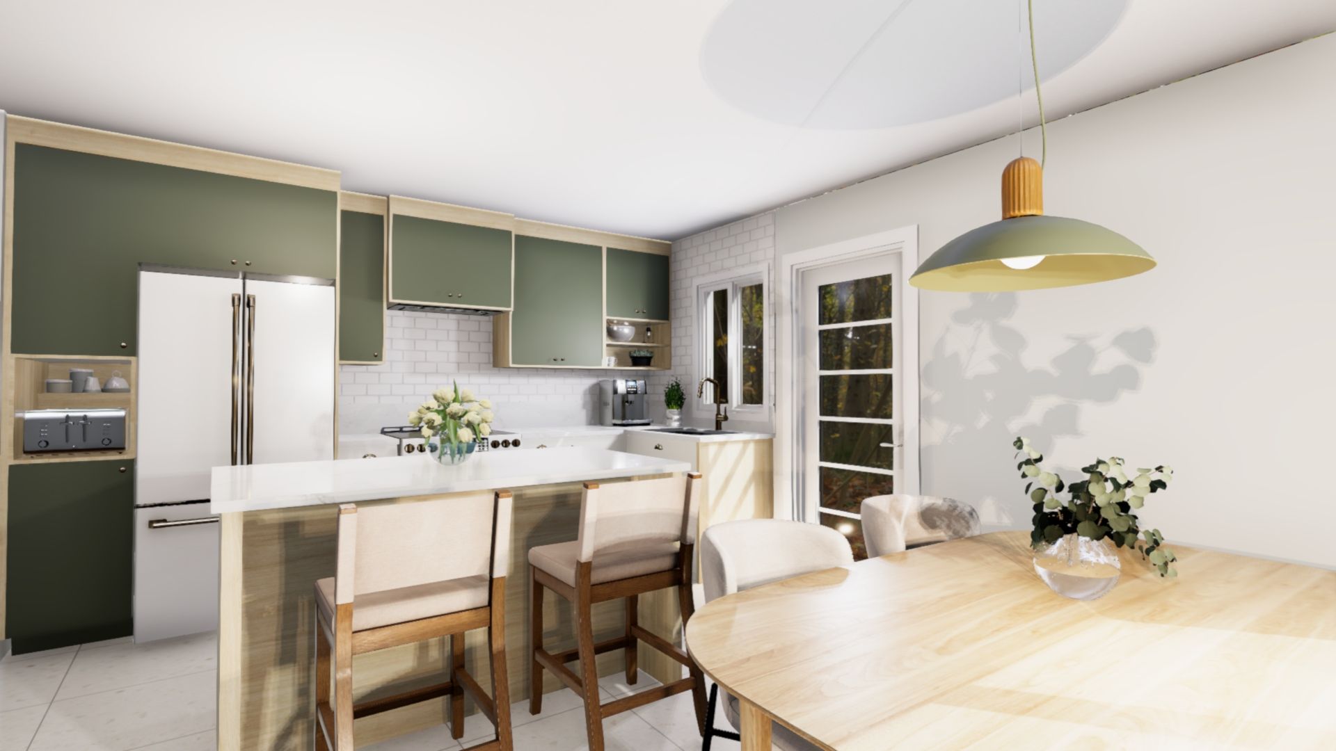Cuisine moderne avec îlot et bar, appareils électroménagers en acier inoxydable, armoires foncées et coin repas.