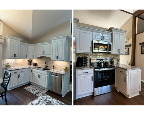 Two views of a newly remodeled kitchen with light gray cabinets, stainless steel appliances, and granite countertops.