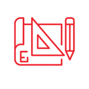 Red architectural tools: blueprint, triangle, and pencil.