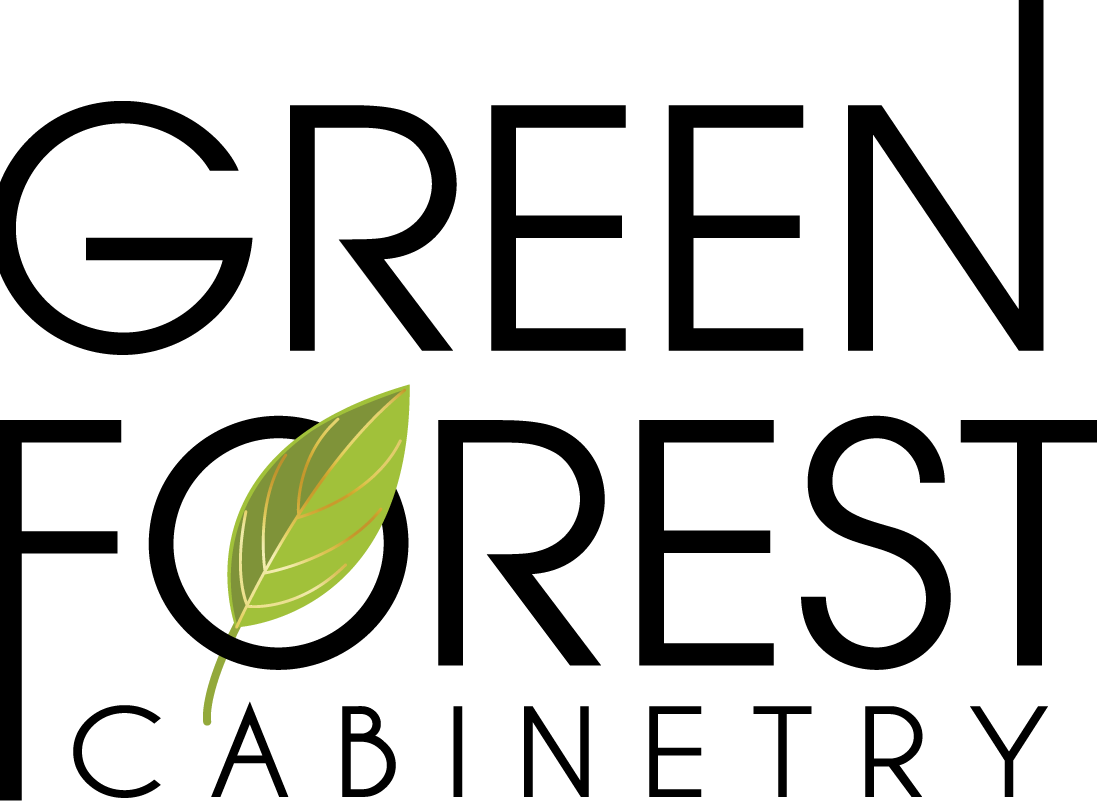 Logo for Green Forest Cabinetry; black text with a green leaf in place of the 