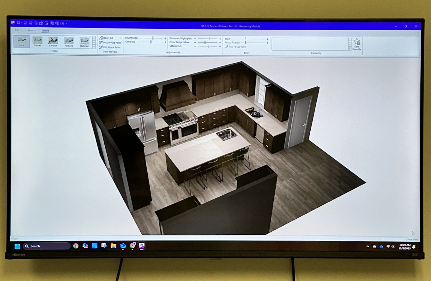 3D rendering of a modern kitchen with an island, cabinets, and appliances displayed on a screen.