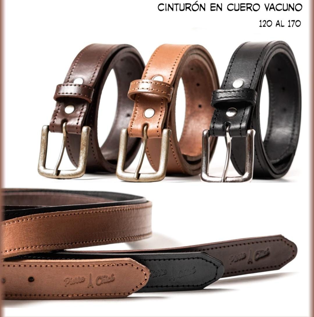 Cinturones de cuero en colores negro, marrón y tostado con hebillas plateadas y doradas.