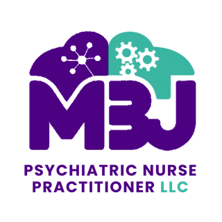 Logo for MBJ Psychiatric Nurse Practitioner LLC: Teal and white cloud-shaped design with brain-themed elements, and teal initials 