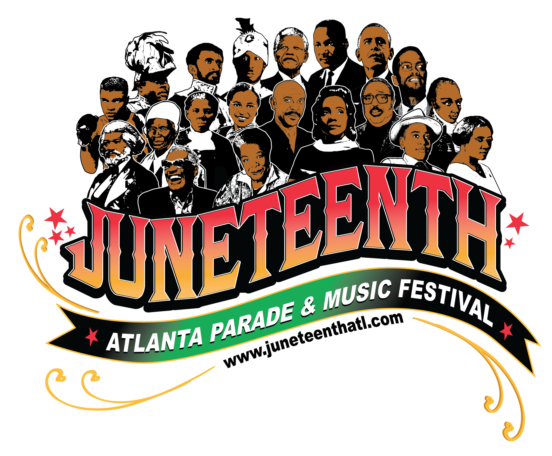 Juneteenth Atlanta Parade & Music Festival poster with crowd portrait collage and bold red lettering