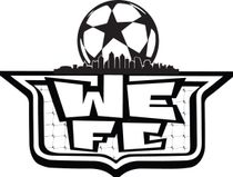 Black-and-white WE FC logo with a soccer ball and city skyline above stylized lettering