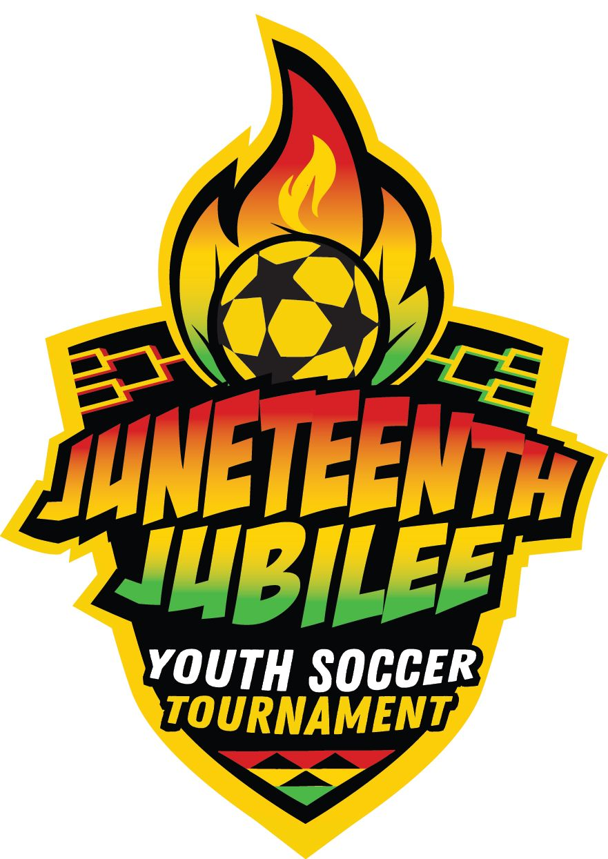 Juneteenth Jubilee youth soccer tournament logo with flaming soccer ball in yellow, red, and black