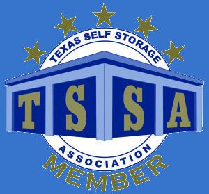 Texas Self Storage Association logo: Blue and gold graphic with text