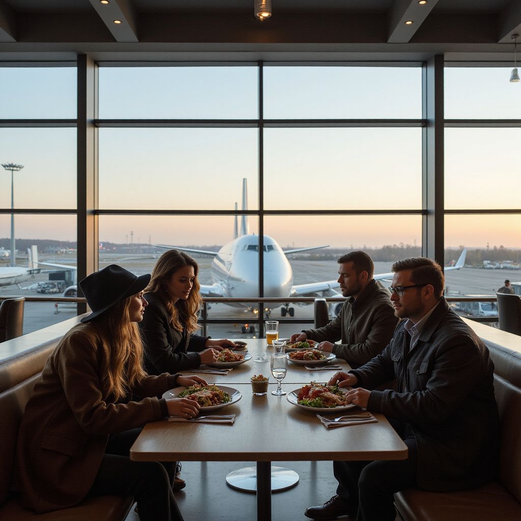 Four people dine at an airport restaurant, overlooking airplanes. Sunlight streams through the window.