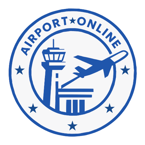 Blue and white Airport Online logo with control tower and airplane.